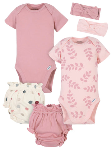 Modern Moments by Gerber Baby Girl Onesies Bodysuits, Diaper Cover, and Headband Set, 6-Piece
