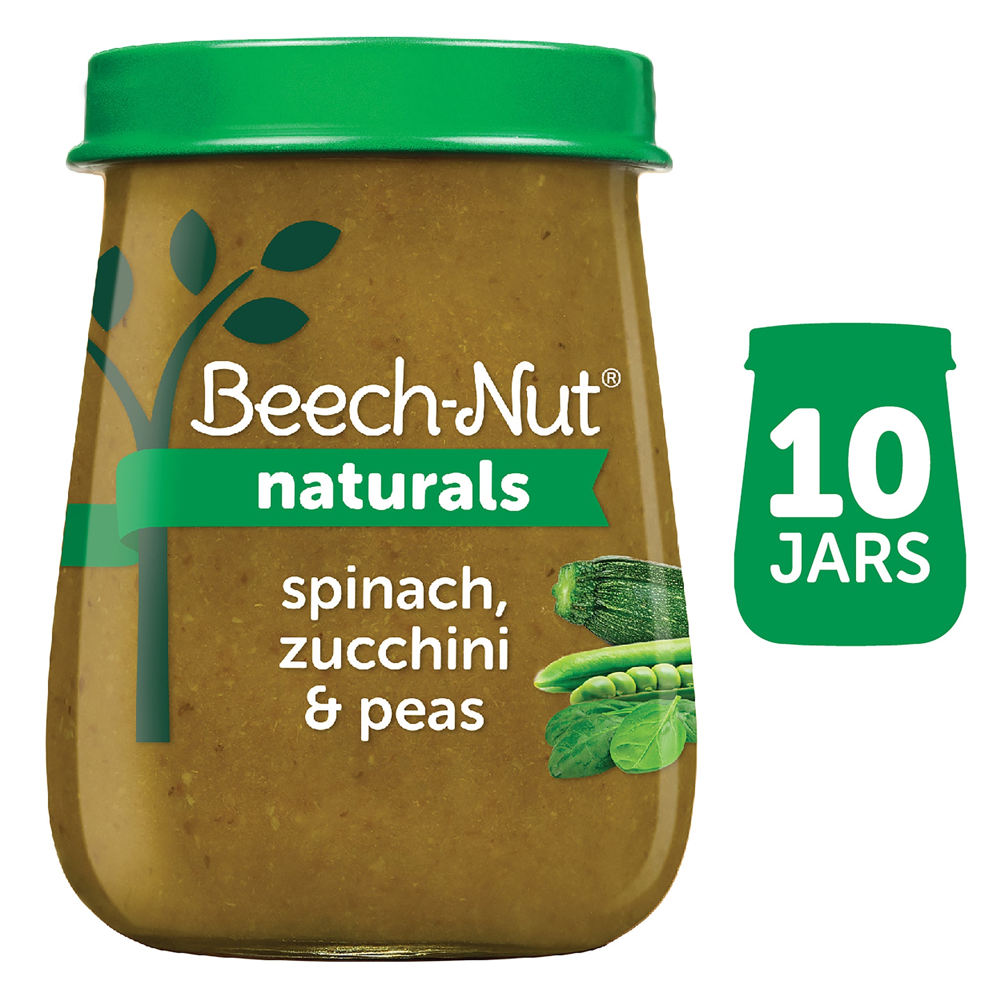 (10 Pack) Beech-Nut Naturals Stage 2, Spinach Zucchini & Peas Baby Food, 4 oz Jar