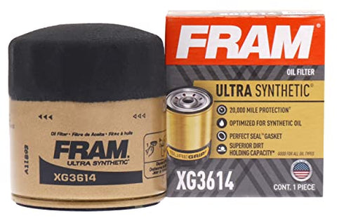 FRAM Ultra Synthetic Automotive Replacement Oil Filter, Designed for Synthetic Oil Changes Lasting up to 20k Miles, XG3614 with SureGrip (Pack of 1)