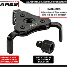 ARES 56041 – Adjustable 3-Jaw Oil Filter Wrench – 2 1/2-Inch to 4 Inch (63mm to 101mm) Capacity – Use with 3/8 or 1/2-Inch Drive Ratchets or 7/8-Inch Wrenches – Carbon Steel Construction