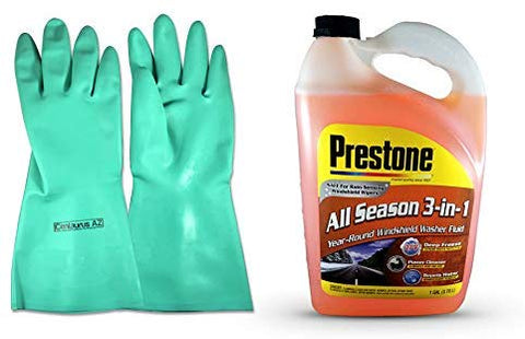 Centaurus AZ Prestone Deluxe 3 in 1 Windshield Washer Fluid, Washer Cleaner, De-icer, Bug Wash, Removes Insect Deposits and Road Grime, Improves Driving Visibility, 1 Gal Chemical Resistance Gloves