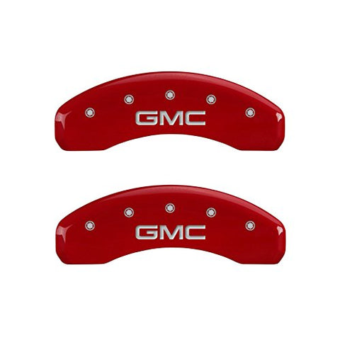 MGP Caliper Covers (34208SGMCRD) 'GMC' Engraved Front and Rear Caliper Cover with Red Powder Coat Finish and Silver Characters, (Set of 4)