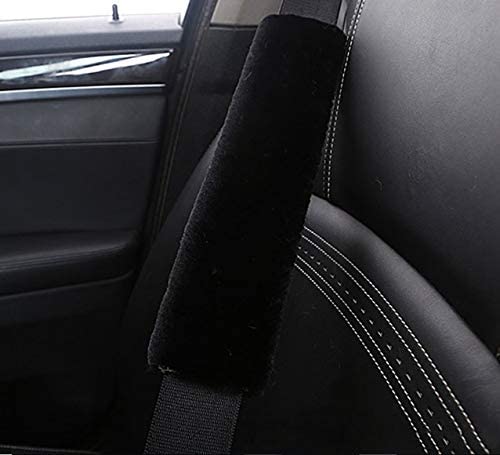 TRUE LINE Automotive 2 Piece Seat Belt Strap Faux Sheepskin Soft Cover Comfortable Soft Shoulder Cushion (Black)