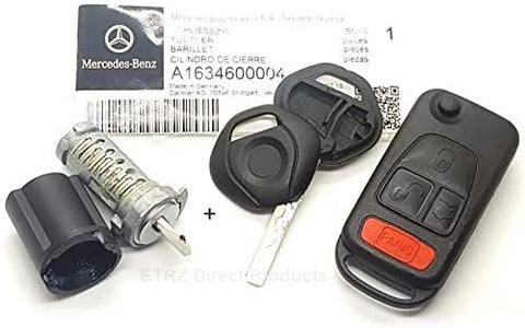 Genuine Mercedes Benz Ignition Lock & Tumbler Cylinder Replacement Part with 1-Key Shell & 1-Flip Remote Key Case. For Model: ML 1997-03. OEM# 1634600004.