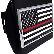 The Thin Red Line American Flag Metal Auto Emblem on Black Metal Hitch Cover - Support Firefighters and EMTs