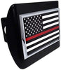 The Thin Red Line American Flag Metal Auto Emblem on Black Metal Hitch Cover - Support Firefighters and EMTs