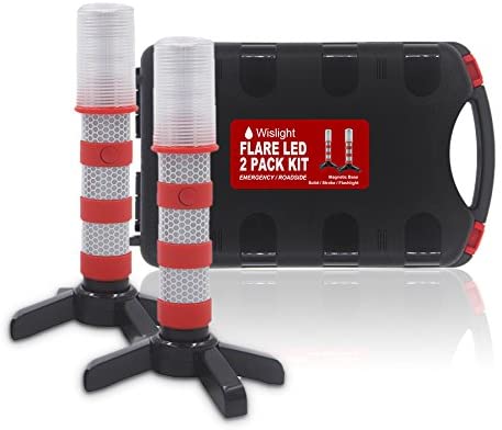 WISLIGHT LED Emergency Roadside Flares Safety Strobe Light - Road Warning Beacon Flare, Magnetic Base, Detachable Stand, Storage Case (1 Case Pack, Battery not Included)