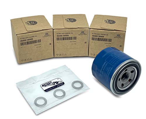 Set of 3 Genuine OEM Engine Oil Filter 26300-35505-ST and Drain Plug Gasket 21513-23001 fit for Hyundai, Kia