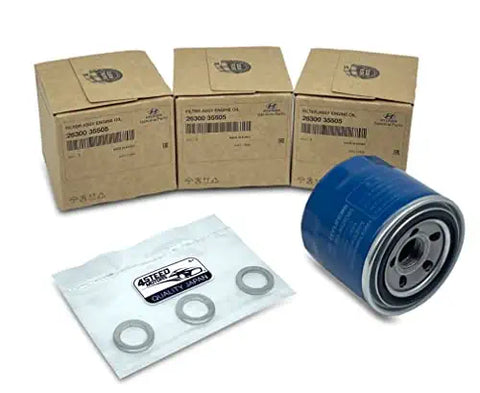 Set of 3 Genuine OEM Engine Oil Filter 26300-35505-ST and Drain Plug Gasket 21513-23001 fit for Hyundai, Kia