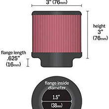 K&N RU-0155 Universal Clamp-On Air Filter: Round Straight; 1.5 in (38 mm) Flange ID; 3 in (76 mm) Height; 3 in (76 mm) Base; 3 in (76 mm) Top