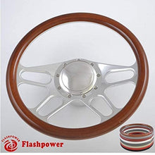 WALNUT WOOD 14" BILLET ALUMINUM 9 HOLE STEERING WHEEL KIT W/HORN BUTTON & ADAPTER FOR GM 1969-1994