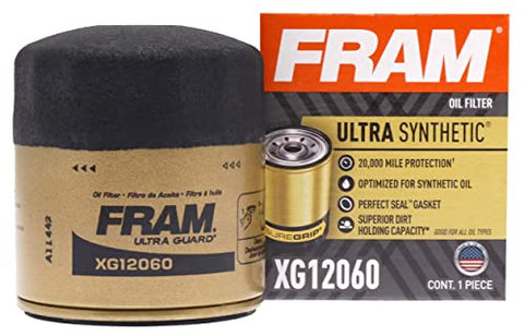 FRAM Ultra Synthetic Automotive Replacement Oil Filter, Designed for Synthetic Oil Changes Lasting up to 20k Miles, XG12060 with SureGrip (Pack of 1)