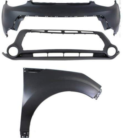 Bumper Cover Kit Compatible with KIA SOUL 2014-2016 Set of 3 Front With Bumper Cover and Fender (Right Side) 1-Piece Type Bumper