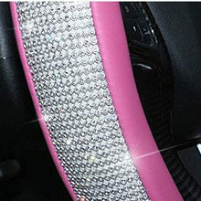 KAFEEK for Women Girls Diamond Leather Steering Wheel Cover with Bling Bling Crystal Rhinestones, Universal 15 inch Anti-Slip, Pink Microfiber Leather White Diamond