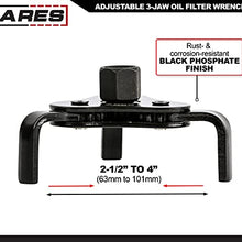 ARES 56041 – Adjustable 3-Jaw Oil Filter Wrench – 2 1/2-Inch to 4 Inch (63mm to 101mm) Capacity – Use with 3/8 or 1/2-Inch Drive Ratchets or 7/8-Inch Wrenches – Carbon Steel Construction