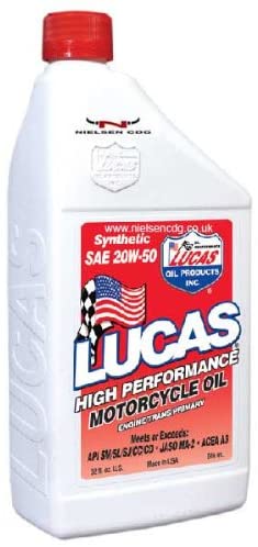 Lucas Oil (LUC10702) Motorcycle Oil, High Performance, Synthetic 20-50WT, Case of 6, Quart Size Bottles