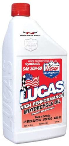 Lucas Oil (LUC10702) Motorcycle Oil, High Performance, Synthetic 20-50WT, Case of 6, Quart Size Bottles