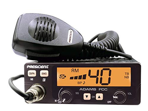 President Adams FCC CB Radio. Large LCD with 7 Colors, Programmable EMG Channel Shortcuts, Roger Beep and Key Beep, Electret or Dynamic Mic, ASC and Manual Squelch, Talkback