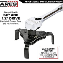 ARES 56041 – Adjustable 3-Jaw Oil Filter Wrench – 2 1/2-Inch to 4 Inch (63mm to 101mm) Capacity – Use with 3/8 or 1/2-Inch Drive Ratchets or 7/8-Inch Wrenches – Carbon Steel Construction