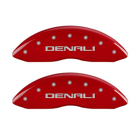 MGP Caliper Covers 34208SDNLRD Red Powder Coat Finish Front and Rear Caliper Cover, Set of 4 (Denali Silver Characters, Engraved)