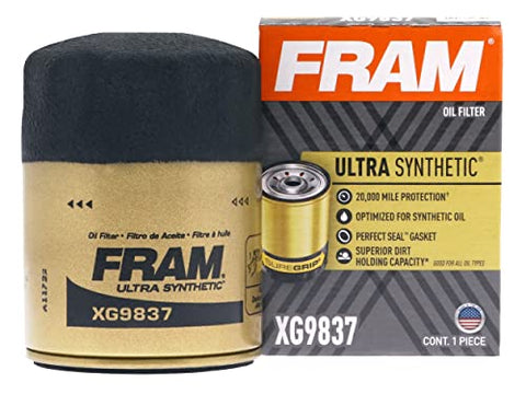 FRAM Ultra Synthetic Automotive Replacement Oil Filter, Designed for Synthetic Oil Changes Lasting up to 20k Miles, XG9837 with SureGrip (Pack of 1)