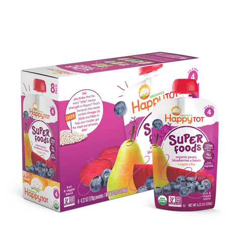 (8 Pouches) Happy Tot Superfoods, Stage 4, Organic Toddler Food, Pears, Blueberries & Beets + Super Chia, 4.22 oz