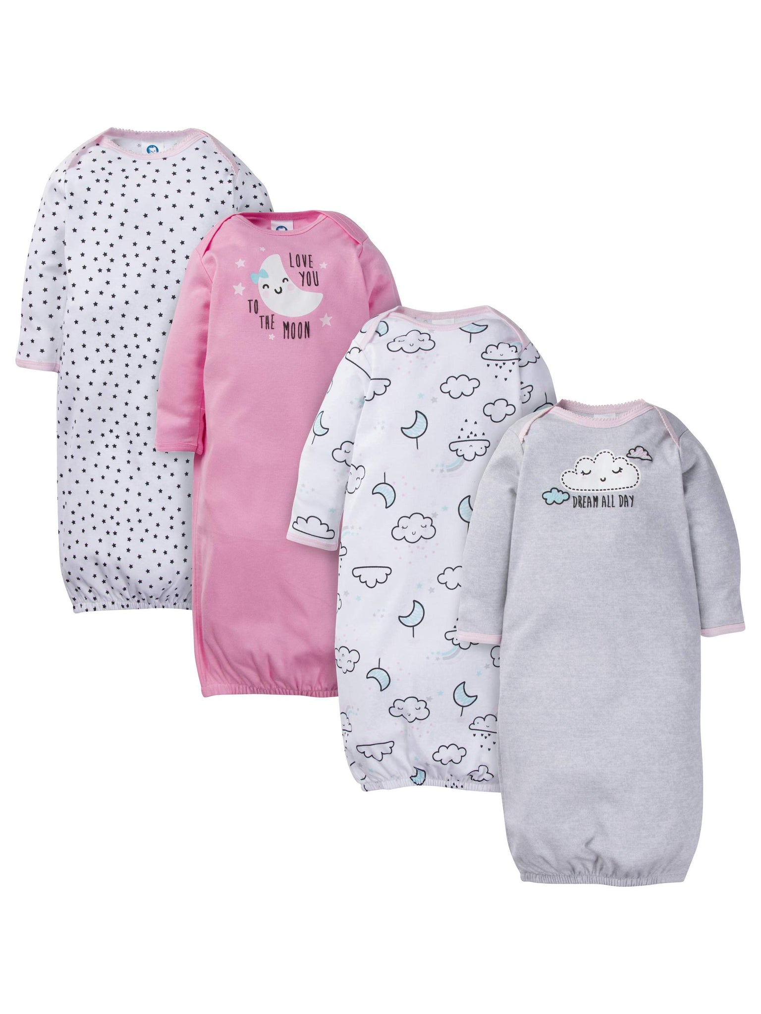 Gerber Baby Girls Lap Shoulder Gowns with Mitten Cuffs, 4-Pack