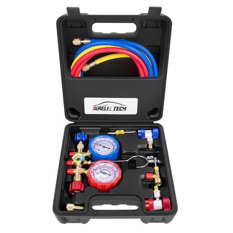 2020 UPGRATE Version 3 Way AC Manifold Gauge Set, Fits R134A R12 R22 and R502 Refrigerants, with 5FT Hose, Acme Tank Adapters, Couplers and Can Tap