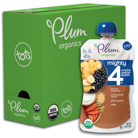 Plum Organics Mighty 4, Organic Toddler Food, Banana, Blueberry, Sweet Potato, Carrot, Greek Yogurt & Millet, 4oz Pouch (Pack of 6)