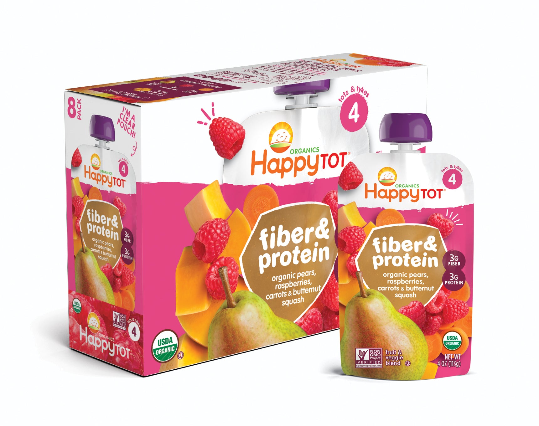 (8 Pouches) Happy Tots Organic Fiber & Protein Organic Pears, Raspberries, Butternut Squash & Carrots Fruit & Veggie Blend, 4 oz.