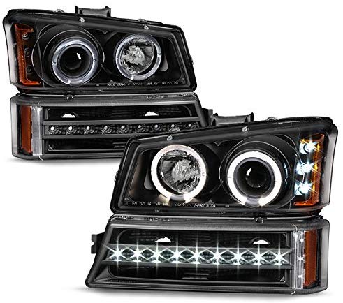 For 2003-2006 Chevy Silverado Left + Right Replacement Black LED Halo Head Lights + LED DRL Signal Lamps