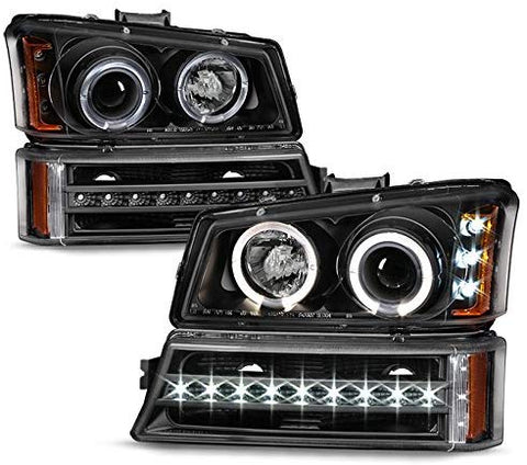 For 2003-2006 Chevy Silverado Left + Right Replacement Black LED Halo Head Lights + LED DRL Signal Lamps