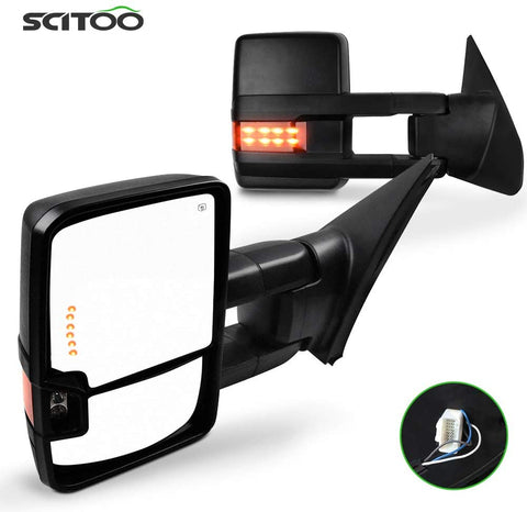 SCITOO fit for Toyota for Tundra Truck Towing Mirrors fit 2007-2015 for Toyota for Tundra Truck with Power Control Heated Manual Telescoping Folding Lens Turn Signal Lens and Auxiliary Light