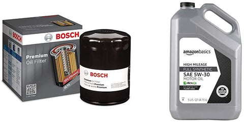 Bosch 3311 Premium FILTECH Oil Filter + AmazonBasics High Mileage Motor Oil, Full Synthetic, SN Plus, dexos1-Gen2, 5W-30, 5 Quart