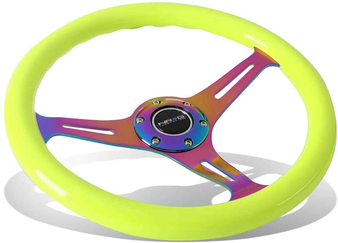 NRG Innovations ST-015MC-NYW 350mm Neo Chrome Spoke Neon Yellow Wood Grain Steering Wheel