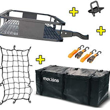 Mockins Steel Cargo Basket | 60" L X 20" W X 6" H Hitch Mount Cargo Carrier with Cargo Bag and Net | with a Hauling Weight of 500 lbs & a Folding Arm to Preserve Space When Not in Use (Black)