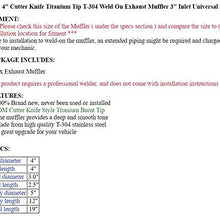 S SIZVER Weld-On Muffler Series 4" Cutter Knife Titanium Tip T-304 Weld On Exhaust Muffler 3" Inlet Universal 5