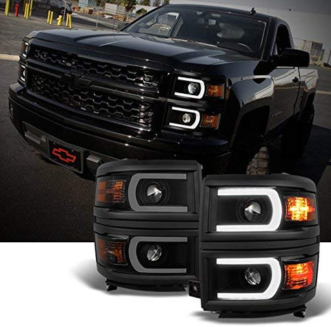 For U Neon Bar Style Black Smoked 2014-15 Chevy Silverado 1500 LED DRL Projector LH + RH Side Headlights