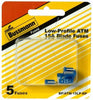 5 Pack Bussmann BP/ATM-15LP-RP Blue ATM Low-Profile 15 Amp Fast-Acting Automotive Mini Blade Fuses - 5 per Card