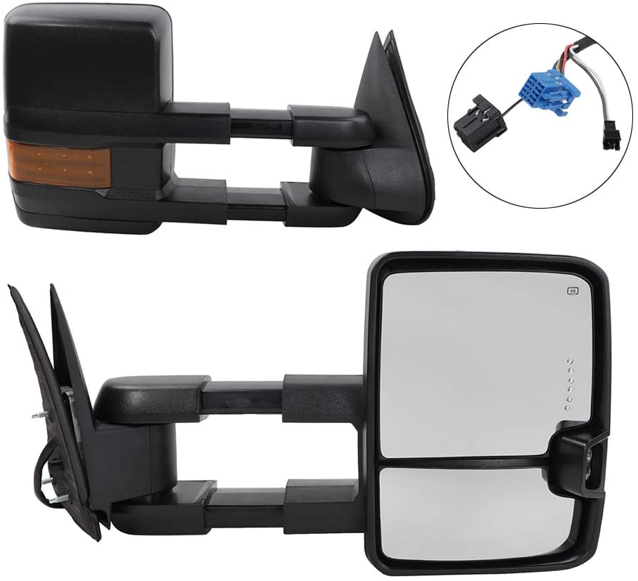 Roadstar Towing Mirrors Compatible With 2003 2004 2005 2006 2007 Chevy Silverado Suburban GMC Sierra Yukon Tow Power Heated Arrow LED Signal Light + Clearance Lamps Side Mirrors