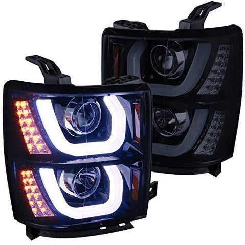 Spec-D Tuning 2LHP-SIV14G-TM Chevy Silverado 1500 Glossy Black Halo LED Signal DRL Projector Headlights