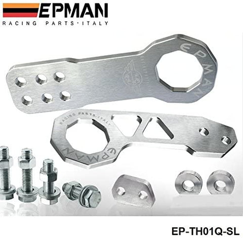 EPMAN Anodized Billet Aluminum Front + Rear Tow Hook Kit For Universal Car (Silver)