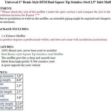 S SIZVER Weld-On Muffler Series Universal 3" Remis Style DTM Dual Square Tip Stainless Steel 2.5" Inlet Muffler