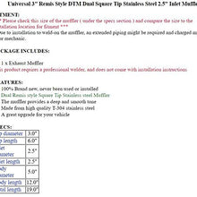 S SIZVER Weld-On Muffler Series Universal 3" Remis Style DTM Dual Square Tip Stainless Steel 2.5" Inlet Muffler