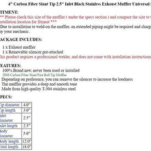 S SIZVER Weld-On Muffler Series 4" Carbon Fiber Slant Tip 2.5" Inlet Black Stainless Exhaust Muffler Universal 5