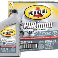 Pennzoil 550022690-6PK Platinum 0W-20 Full Synthetic Motor Oil - 1 Quart (Pack of 6) (OBSOLETE)