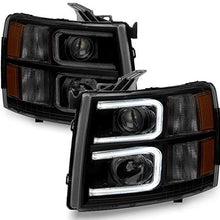 For 2007-13 Chevy Silverado 1500 | 2007-14 2500HD 3500HD LED C-Shape Tube Black Smoked Projector Headlights Pair Set