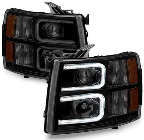 For 2007-13 Chevy Silverado 1500 | 2007-14 2500HD 3500HD LED C-Shape Tube Black Smoked Projector Headlights Pair Set