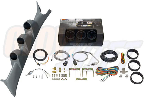 GlowShift Diesel Gauge Package for 1999-2007 Ford Super Duty F-250 F-350 6.0L 7.3L Power Stroke - Tinted 7 Color 60 PSI Boost, 1500 F Pyrometer EGT & Transmission Temp Gauges - Gray Triple Pillar Pod