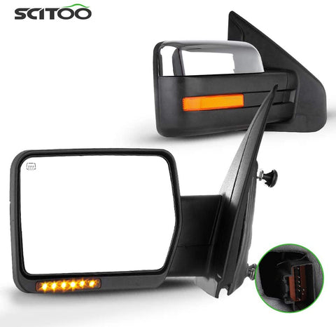 SCITOO Tow Mirrors Compatible with 2007-2014 for Ford F150 1997-1999 for Ford F-250 Towing Mirrors with Power Heated Left and Right Side Turn Signal Light Puddle Light with Chrome Housing